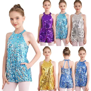 Kid Girls Halter Neck Sequin Romper Sleeveless Jumpsuit Backless Party Dress Up - Picture 1 of 73