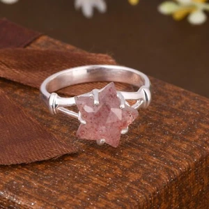 Genuine Sterling Silver Ring Star Strawberry Quartz Solid Women Comfort Fit - Picture 1 of 10
