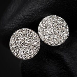 Round Hip Hop Real 0.37Ct Natural Diamond 10K White Gold Cluster  Stud Earrings