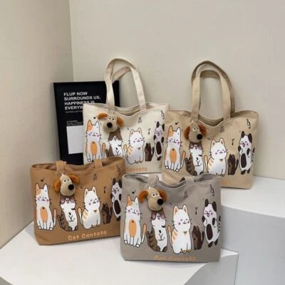 Portable Cartoon Canvas Bag Cat Casual Handbag New Commuting Tote Bag - image 1 of 4