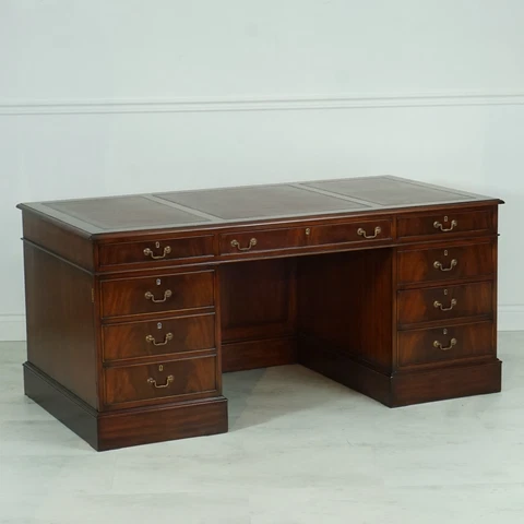 Executive English Pedestal Desk Flamed Mahogany Genuine Brown leather top Cover