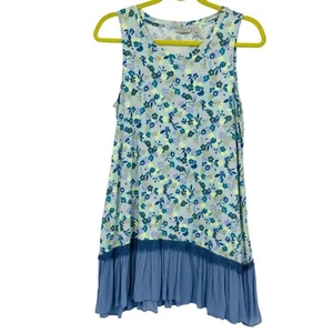 LOGO Layers Blue Floral Tank Top Pleated Ruffle Prairie Stretch Lori Goldstein M - Picture 1 of 13