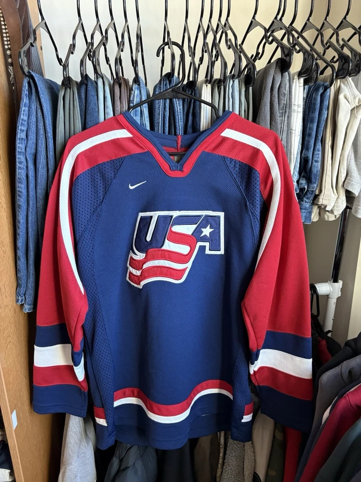 Vintage Nike USA Hockey Jersey Large L Red Blue White Made in Korea Olympics - Image 1 of 4