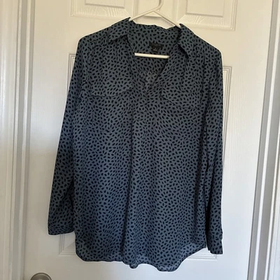 Ann Taylor Petite Pullover Blouse Long Sleeves Front Pockets Blue Navy Design PM - Image 1 of 4