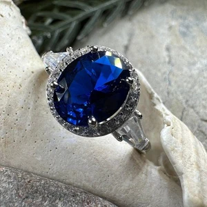 Princess Diana Sapphire Engagement Ring, Large Blue Cocktail Ring, Ladies 925 - Picture 1 of 10