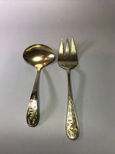 Serving Set Fork + Ladle Stainless Steel Flatware PRESENT Japan AVIS Goldtone - Picture 1 of 4