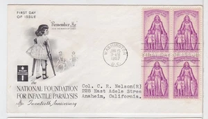 TurtlesTradingPost- Fight Infantile Paralysis #1087 FDC 1957 Artcraft Block of 4 - Picture 1 of 1