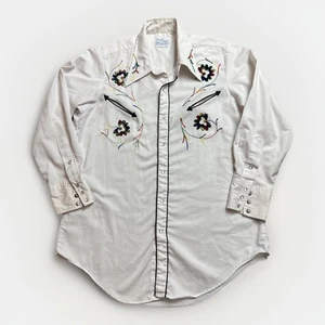Sears Western Wear Vintage Embroidered Thick Pearl Snap Button Shirt L 16.5 - Picture 1 of 16