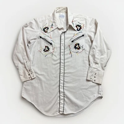 Sears Western Wear Vintage Embroidered Thick Pearl Snap Button Shirt L 16.5 - Image 1 of 4