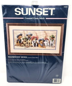 1998 Sunset Magnificent Seven Western Cowboy Dogs Picture Cross Stitch Kit 13659 - Picture 1 of 8