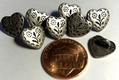 8 Antique Silver Tone Metal Shank Heart Buttons Black Accent 7/16" 11mm 12804 - Image 1 of 2
