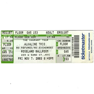 Boleto de concierto ALKALINE TRIO NUEVA YORK NY 11/7/03 GIRA VAGRANT Roseland Raro Foto 1 de 2