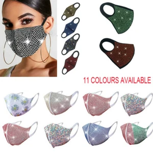 NEW LADY BLING DIAMOND/ SEQUIN Fashion ADJUSTABLE Face Mask Reusable 11 COLOURS - Picture 1 of 22