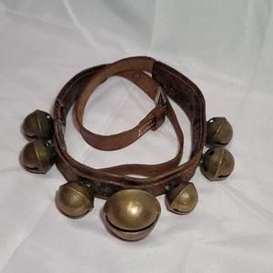 Vintage No 6 Horse Sleigh Bells 1.75" Brass w Leather Buckle Strap 4' Long - Picture 1 of 15