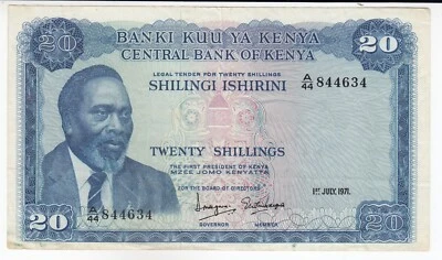 Kenia, 20 chelines, 1971, Banco Central de Kenia, P8b, XF+ Foto 1 de 2