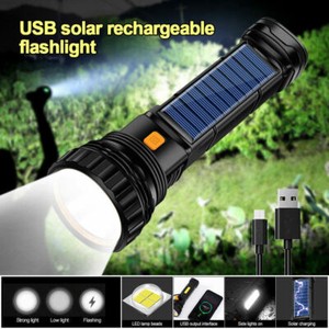 Powerful Solar Rechargeable Flashlight USB Camping Hiking Torch COB Side Light