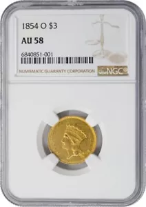 1854-O $3 Gold Indian AU58 NGC 949501-11 - Picture 1 of 4