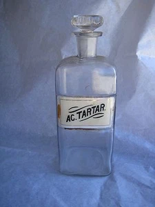 Botella de farmacia boticario de vidrio transparente rara AC TARTAR con tapón de colección - Imagen 1 de 4
