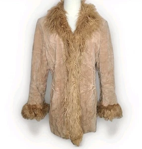 Vintage Y2K Mixit Tan Suede Penny Lane Coat Hippie Retro Boho Size Petite Large - Picture 1 of 7