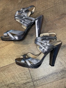 Calvin Klein POSHA Silver Strappy 4" Platform Block Hell Sandals 10M - Picture 1 of 12