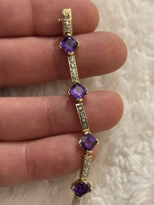 PLATA ESTERLINA Y ORO GENUINO AMATISTA Gemas Conjunto PULSERA TENIS 7" Foto 1 de 4