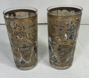 (2) Vintage Cera World Map 22K Gold MCM Bareware Highball Glasses 5.5” 12 OZ - Picture 1 of 7