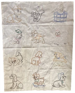 12 Vtg Rare Finished Handmade Puppy Cross Stitched Cotton 9" Sq Quilting panel - Picture 1 of 3