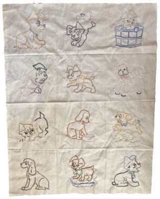 12 Vtg Rare Finished Handmade Puppy Cross Stitched Cotton 9" Sq Quilting panel - Image 1 of 3