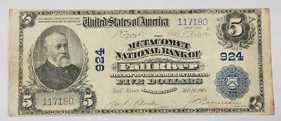 SERIES 1902 $5 Blue Seal  METACOMET NATIONAL BANKNOTE FALL RIVER, MA (2359) - Image 1 of 4