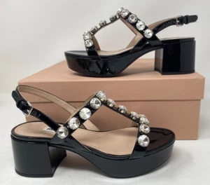 Miu Miu Crystal Patent Leather Sandals Embellished T-Strap Size 5.5 US 35.5 EU - Picture 1 of 18