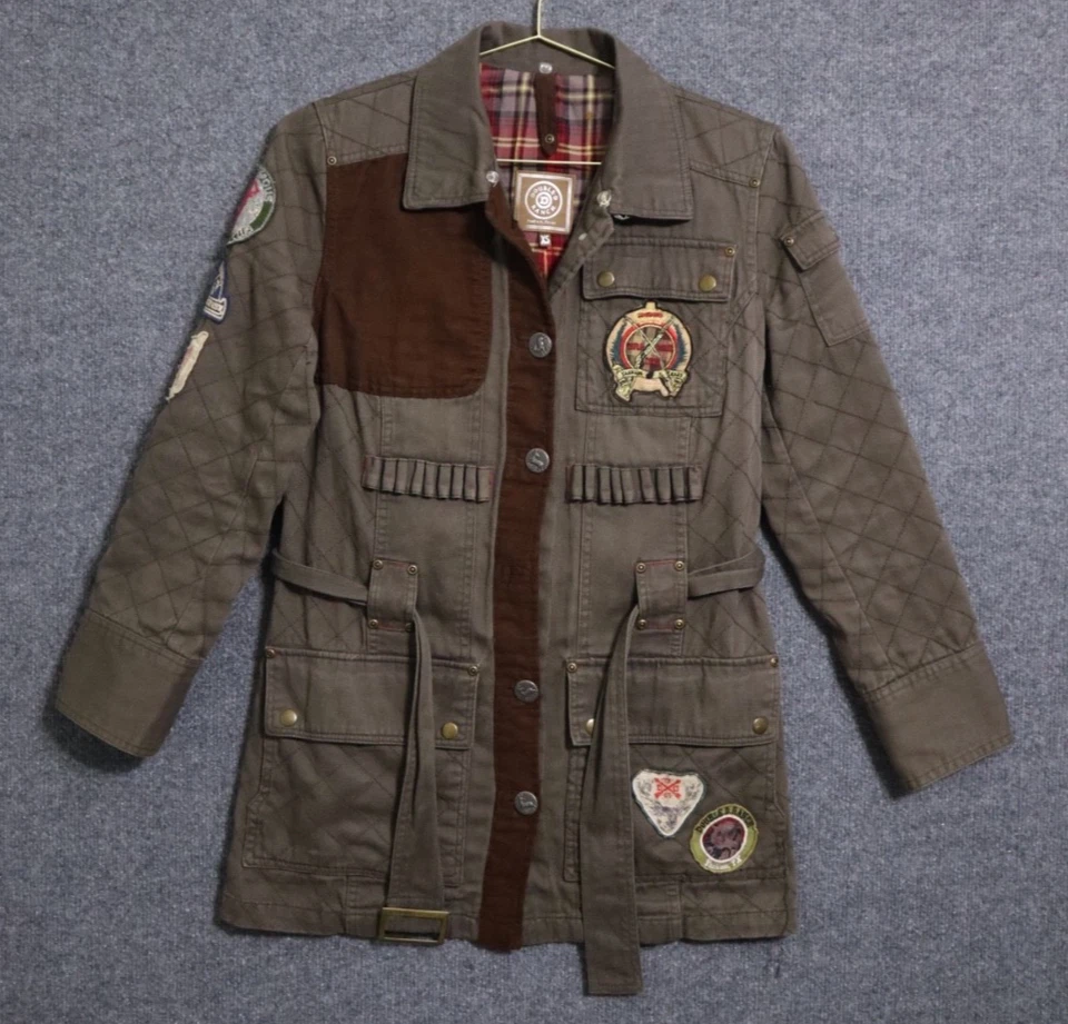 Double D Ranch Jacket Women XS Green Brown Militray Suede Patch Belted **READ** - Image 1 of 4
