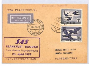 AUSTRIA Air Mail Card SAS FIRST FLIGHT IRAQ Baghdad 1955 Frankfurt Vienna LZ113 - Picture 1 of 10