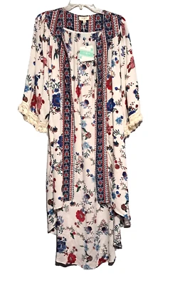 Umgee Cardigan Womens M White Blue Red Floral Open Front 3/4 Fringe Sleeve  Boho - Image 1 of 4