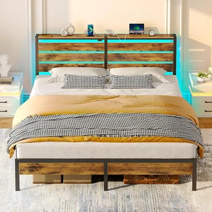 Bed Frame King Size with USB Charging Station, LED Bed Frame with Wood Storage H - Picture 1 of 7
