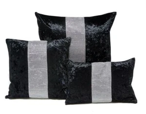 Black & Silver Diamante Crushed Velvet Sparkle Bling Cushion Cover -3 Sizes - Picture 1 of 6