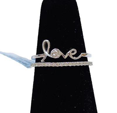Originale Vero 0.20 Carato Ctw Diamante,14K Oro Bianco " Love ",Open Doppio Fede - Immagine 1 di 4