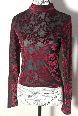 BKE Boutique Buckle Mock Neck Cropped Wine Velvet Mesh Sheer Top Sz S Y2k Retro - Image 1 of 4