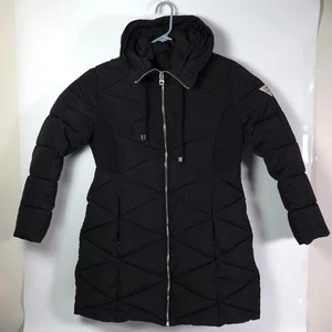 Guess Black Mid Length Puffer Winter Coat w/ Hood & Phone Pocket, Zip Up Size XL - Picture 1 of 14