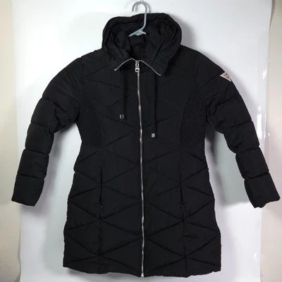 Abrigo de invierno Guess negro acolchado de longitud media con capucha y bolsillo para teléfono, cremallera talla XL Foto 1 de 4