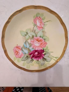 Vintage Firenze Ware Italy Hand Painted Plate w Roses Gold Edge 8 3/4" Initials - Picture 1 of 6