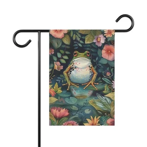 Whimsical Frog Garden Flag Floral Pond Porch Banner Amphibian Outdoor Décor - Picture 1 of 5