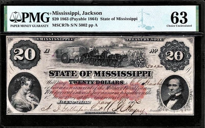 19 de enero de 1863 Jackson State of Mississippi $20 (a pagar 1864) Cr.7b PMG elección 63 Foto 1 de 2
