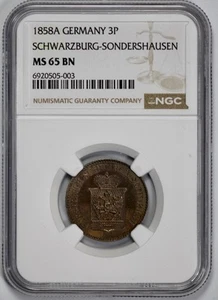 1858 A Germany 3P Pfennig Schwarzburg - Sondershausen NGC MS 65 BN Brown - Picture 1 of 4