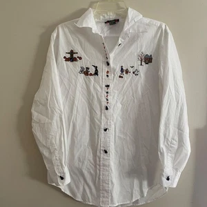 VTG Charter Club Womens Button Down Halloween Embroidered Shirt Cats Pumpkins 10 - Picture 1 of 8