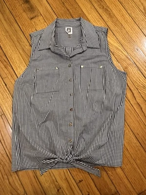 Camisa para mujer Anne Klein negra/blanca a cuadros de guinga sin mangas con corbata en la cintura M Foto 1 de 4