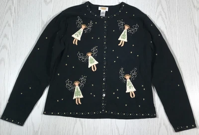 Vintage Christmas Angel Cardigan Sweater Womens L Talbots Black Button Up 90s - Image 1 of 4