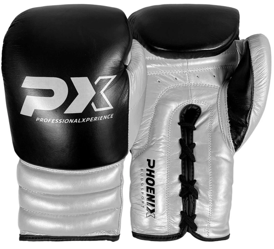 PX Wettkampf Boxhandschuhe Leder schwarz-silber Gepolsterte Trainingshandschuhe - Bild 1 von 1