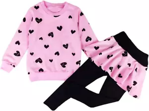 Little Girls Outfits Clothes Toddler Long Sleeve Heart Print Hoodie Shirts Top + - Picture 1 of 12