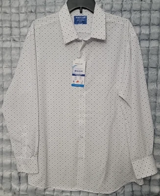 Haggar 白色修身正装衬衫男式 XL 17-17.5 领 32/33 袖蓝色印花 — 第 1/3 张图片