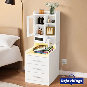 LED Bedside Table Bookshelf Lamp Cabinet Shelving Unit with Charging Station - Picture 1 of 12
